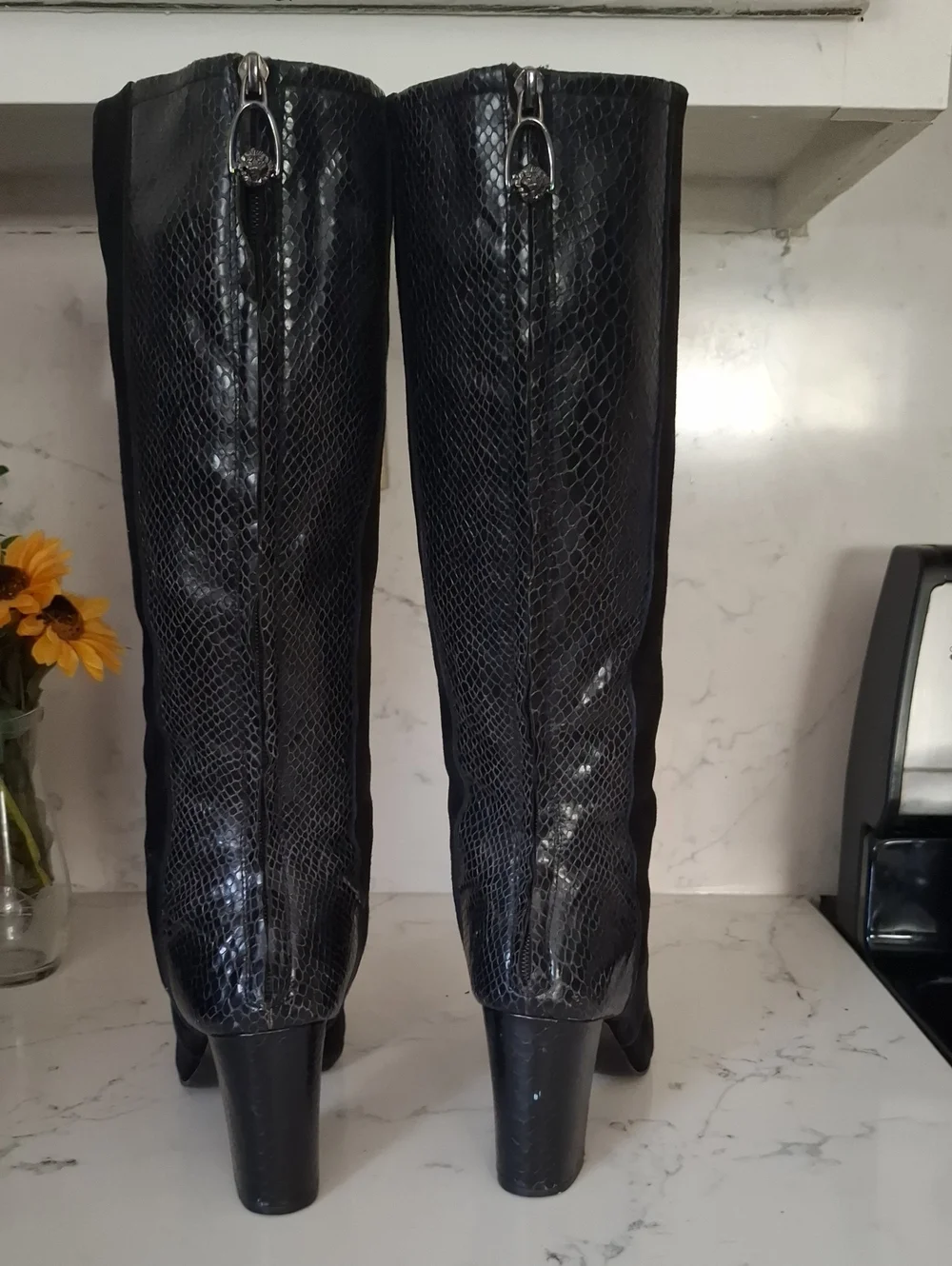 Anne Klein Black the-Knee Suede & Textured Back Block Heel Boots